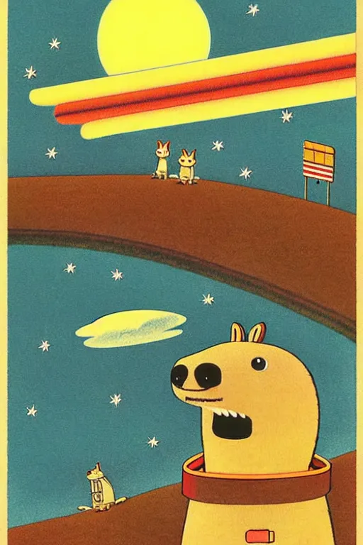 Prompt: by richard scarry. capybara on the moon. a 1 9 5 0 s retro illustration. studio ghibli. muted colors, detailed