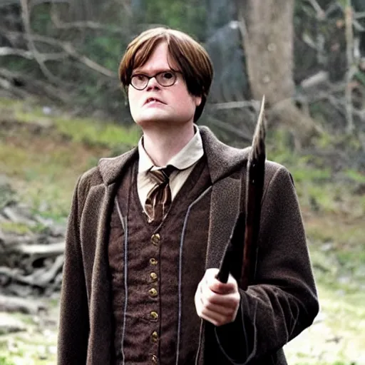 Image similar to dwight schrute playing dumbledore in a harry potter movie