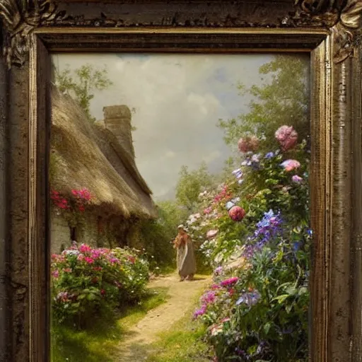 Prompt: Jean-Baptiste Monge and Solomon Joseph Solomon and Richard Schmid and Jeremy Lipking victorian genre painting portrait painting of an english country cottage with a stone path and flower garden