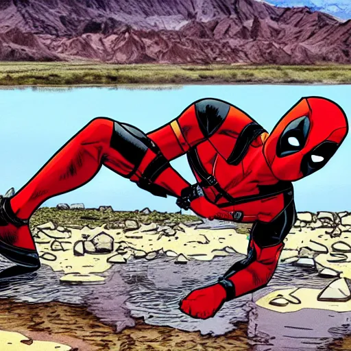 Image similar to deadpool sticking his head out of empty drained lake mead, with the words lake mead written across the top, in comic book style