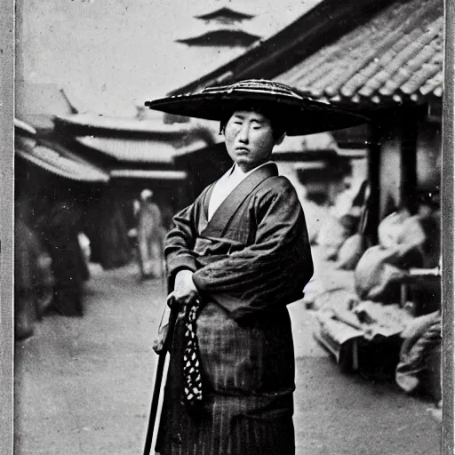 Image similar to Portrait of a 19th century Japanese gyuto trader at a Kyoto street market, 1900s photography