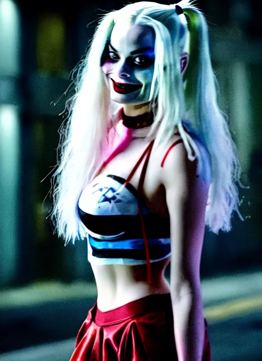 Image similar to 2 8 mm photo of beautiful suicide squad happy margot robbie with long white hair that looks like harley quinn standing on the wet street of dystopian gotham city at night, angry frown, seductive camisole, pinup, glamour fashion pose, watercolor, frank miller, moebius, jim lee, cinematic, ridley scott, lens flare, annie leibowitz