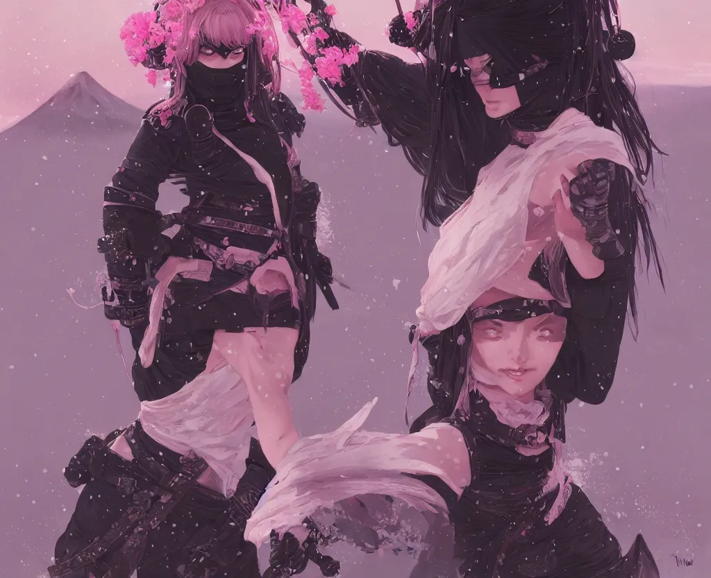 Image similar to portrait ninja gaiden girl, black plus little pink ninja wardrobe, at snowy fuji mountain sunrise, ssci - fi and fantasy, intricate and very very beautiful, detailed, digital painting, artstation, concept art, smooth and sharp focus, illustration, art by tian zi and wlop and alphonse mucha