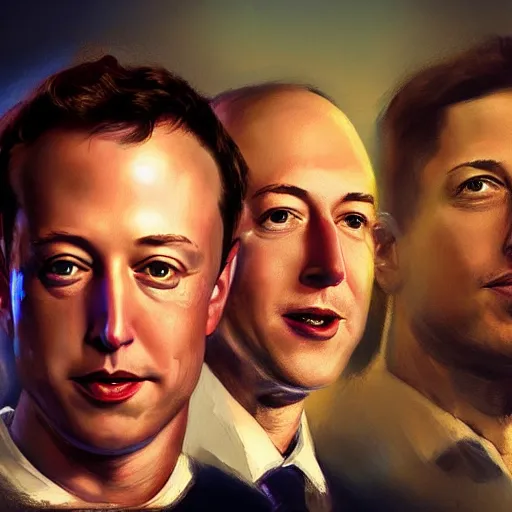 Prompt: portrait of elon musk, mark zuckerberg and jeff bezos together, together, very detailled, art contest winner on behance, trendy on deviant art, by by artgem, greg rutkowski