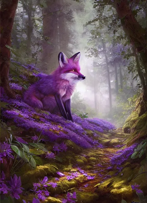 Image similar to Magical fox, sneaking in a forest, fantasy, painting, violet flowers, atmospheric, illustration, low angle, high quality, highly detailed, Marc Simonetti, Andreeva Katerina