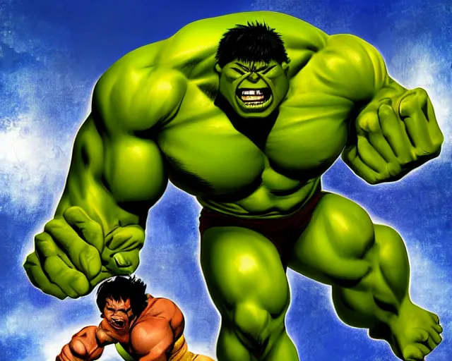 Image similar to Hulk fighting with Pushkin, digital art high quality