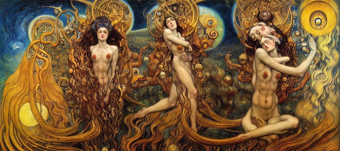 Image similar to Divine Chaos Engine by Karol Bak, Jean Delville, William Blake, Gustav Klimt, and Vincent Van Gogh, symbolist, visionary