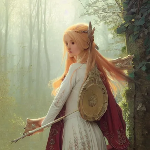 Image similar to elf fairy blond with a beautiful face, holding a lute, wearing a cardigan, highly detailed, intricate, digital painting, artstation, sharp focus, illustration, art by jakub rozalski, greg rutkowski, artgerm, tan zi and ayanamikodon and alphonse mucha and wlop