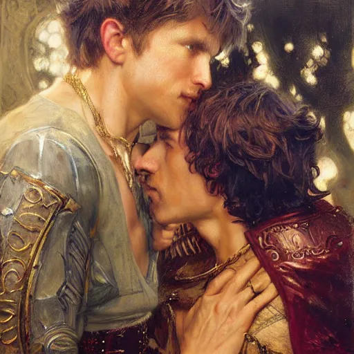Image similar to attractive male arthur pendragon confesses his love to attractive male merlin. highly detailed painting by gaston bussiere, craig mullins, j. c. leyendecker 8 k