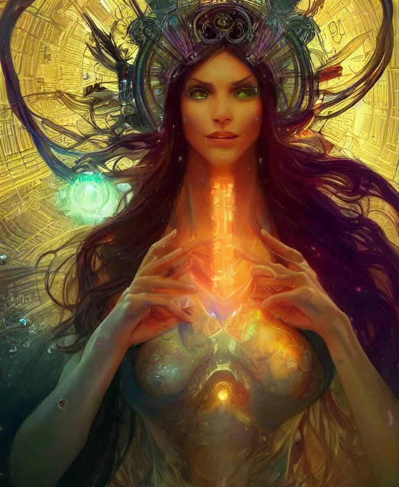 Image similar to a whirlwind of souls rushing inside the metaverse, half body, glowin eyes, tiara with sapphire, pharaoh, android, cyberpunk, d & d, fantasy, intricate, elegant, highly detailed, colorful, vivid color, digital painting, artstation, concept art, art by artgerm and greg rutkowski and alphonse mucha and ruan jia