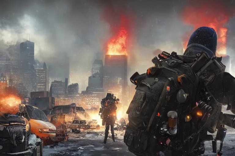 Prompt: close-up portrait of a group of agents from (Tom Clancy's The Division), (snowy new york in background), fires in background, high detail, digital art, matte painting, trending on artstation, by Tom Garden, by Marek Okon