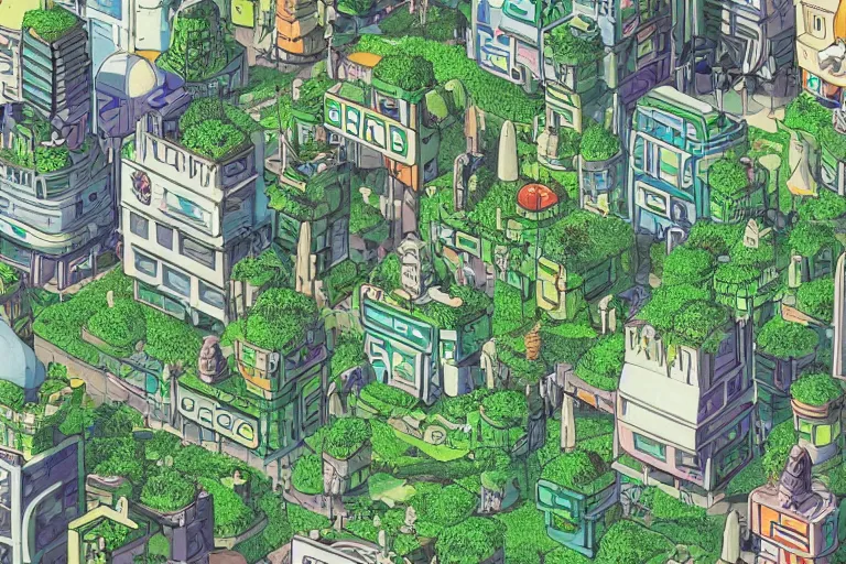 Prompt: an optimistic futuristic cannabis city street with hemp leaf pop motifs, by ghibli