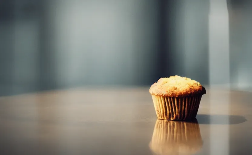 Prompt: a muffin, on glass, photography