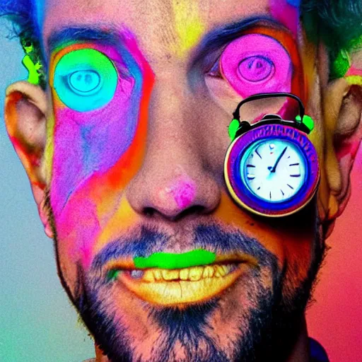 Prompt: a man with clocks for eyes, colourful, trippy, n - 9