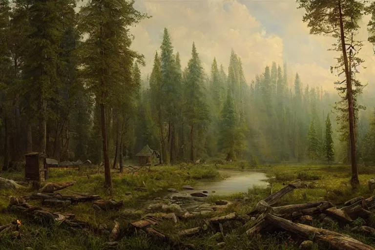 Image similar to A beautiful painting of russian village in dark forest by ivan shishkin and arkhip kuindji, trending on artstation,matte painting