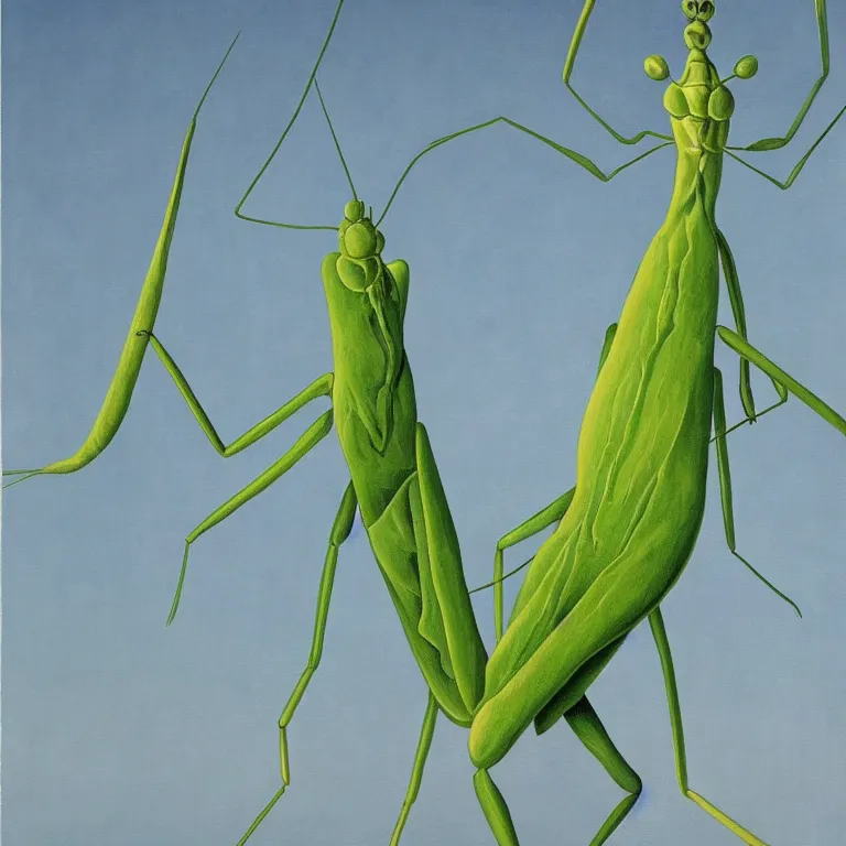 Image similar to praying mantis, by rene magritte, centered, detailed painting, hd, hq, high resolution, high detail, 4 k, 8 k