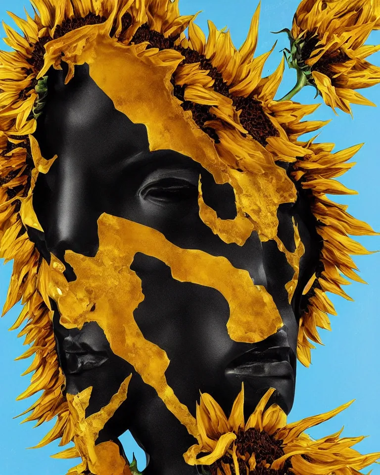Prompt: symmetrical painting of a fractured black obsidian greek statue of a beauty, yellow topaz spikes sunflowers, lightblue drip acrylic paint, fixed with bronze kintsugi, rendered in octane trending on cgsociety. extremely detailed and intricate art, corruption, sleek