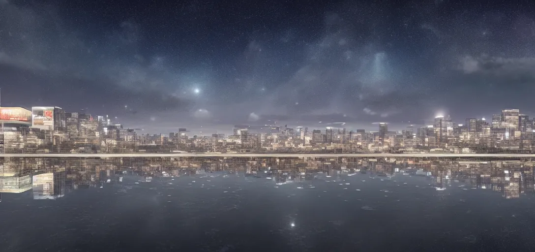 Image similar to very beautiful view of a modern japanese city at night, watery lake with accurate reflections, icy mountains in the background, calm clouds, starry sky with nebula, cinematic lighting, ultra detailed, sharp, ambient occlusion, raytracing, by dylan cole, sebastian meyer and jordan grimmer