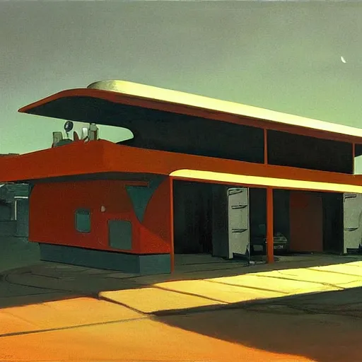 Image similar to a cinematic matte painting of a boxy 1 9 6 0 s retro - futurism sci - fi car with solar panels on roof and doors in a cluttered garage in mumbai. by edward hopper, glennray tutor and greg rutkowski. trending on artstation.