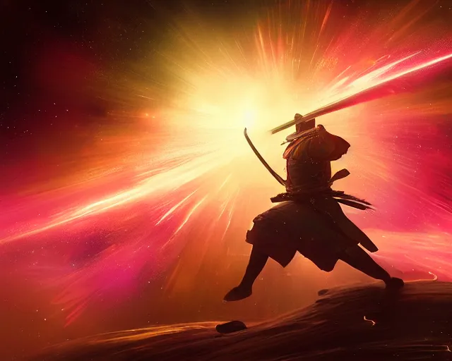 Image similar to a graceful samurai made of a illuminated star chart running through a space nebula by greg rutkowski, high key lighting, volumetric light, digital art, highly detailed, fine detail, intricate, ornate, complex, octane render, unreal engine, photorealistic