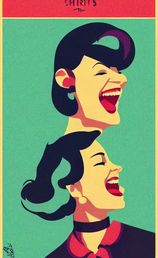 Image similar to illustration with a modern woman with short hair laughing out loud, art deco painting by tom whalen, funny meme photo, trending on behance, digital illustration, storybook illustration, grainy texture, flat shading, vector art, airbrush, pastel, watercolor, poster