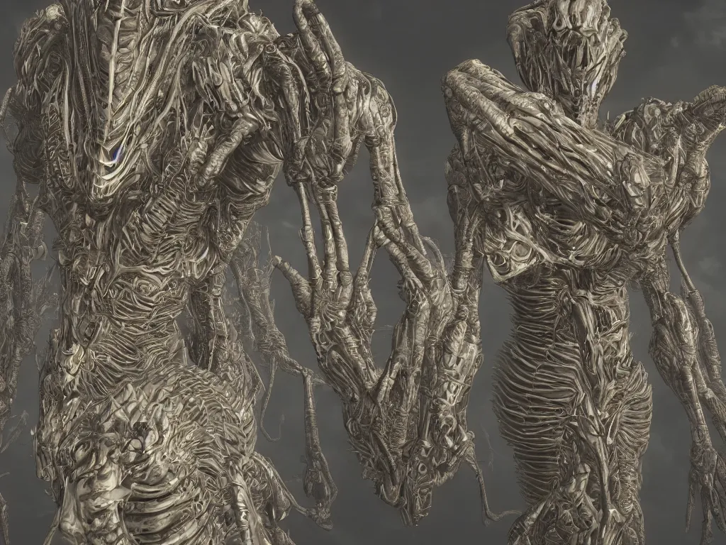 Image similar to creepy vintage fractal alien power suit, highly detailed, sharp focus, illustration, cinematic lighting, unreal engine 5