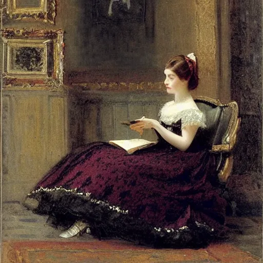 Image similar to young victorian lady in ball gown reading a book, painted by alfred stevens