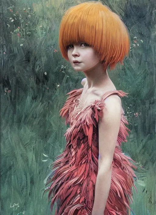 Prompt: little girl with an eccentric haircut wearing an dress made of feathers, artwork made by ilya kuvshinov and donato giancola