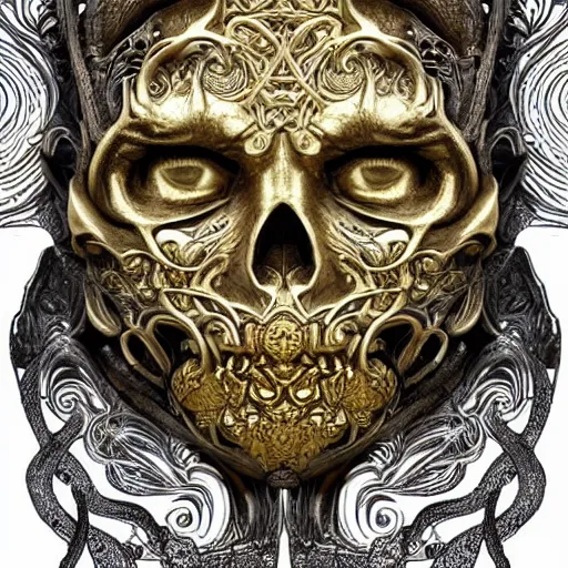 Prompt: ancient hybrid majestic gold skulls whirlpool cosmos throne beautiful symmetrical face mask closeup face mask golden ratio concept, deep forest psytrance Neo-Gothic concept, infinity glyph waves, intricate artwork masterpiece, very coherent artwork, cinematic, full frontal facial features by Artgerm, Takato Yamamoto, Zdizslaw Beksinski, Johnatan Wayshak, Moebius, H.R. Giger, Ayami Koj ima, very coherent artwork, trending on cgsociety, ultra high quality model, production quality cinema model, high detail chromatic ink outline, octane render, hyper reali sm, high detail, octane render, High contrast, highly detailed black ink outline