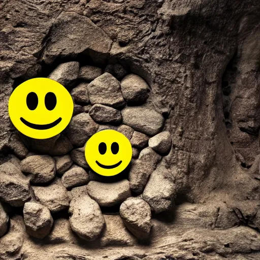 Image similar to smiley face emojis on cave wall, digital image, 8k