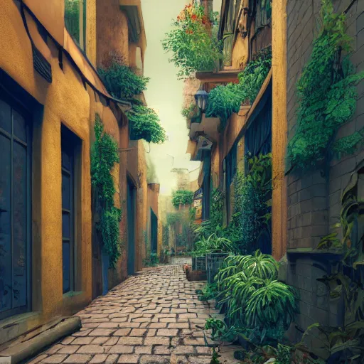 Image similar to a painting of a bronze art-deco alley lined with plants, a detailed matte painting by Anka Zhuravleva, cgsociety, light and space, rendered in unreal engine, artstation hq, artstation hd