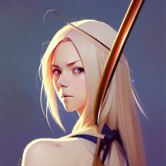 Prompt: woman blond portrait with katana, art by studio ghibli and greg rutkowski and artgerm and ilya kuvshinov, portrait, d & d, fantasy, highly detailed, digital painting, headshot, trending on artstation, concept art, sharp focus, illustration art by artgerm and greg rutkowski and alphonse mucha