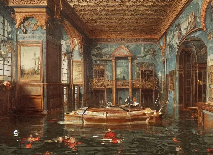 Prompt: a renaissance castle room flooded with water, a shiny metal robot is sitting in a boat, the robot has a fishing rod,
