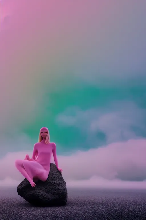 Image similar to high quality pastel coloured film close up wide angle photograph of a model wearing clothing swimming on cloud furniture in a icelandic black rock!! environment in a partially haze filled dreamstate world. three point light, rainbow. photographic production. art directed. pastel colours. volumetric clouds. pastel gradient overlay. waves glitch artefacts. extreme facial clarity. 8 k. filmic.