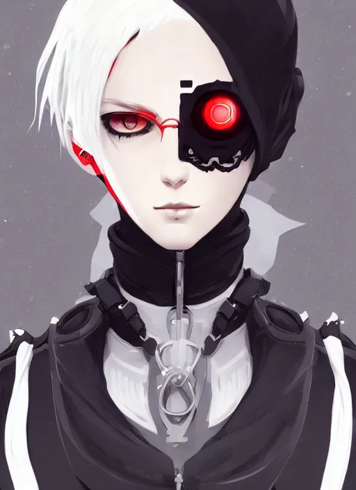 Prompt: techwear occultist, white hair home cut red eyes, by kyoto animation, chaos magick, leviathan cross, androgynous, beautiful, detailed symmetrical close up portrait, intricate complexity, in the style of artgerm and ilya kuvshinov, cel shaded
