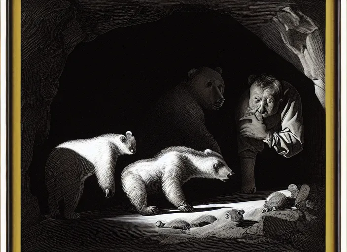 Image similar to Pieter Claesz's 'viewer looking into dark cave and seeing a mother bear and her cubs sleeping', night time, cross hatching, framed