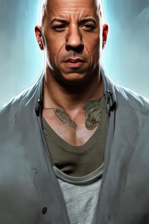 Image similar to vin diesel as walter white, realistic portrait, symmetrical, highly detailed, digital painting, artstation, concept art, smooth, sharp focus, illustration, cinematic lighting, art by artgerm and greg rutkowski and alphonse mucha