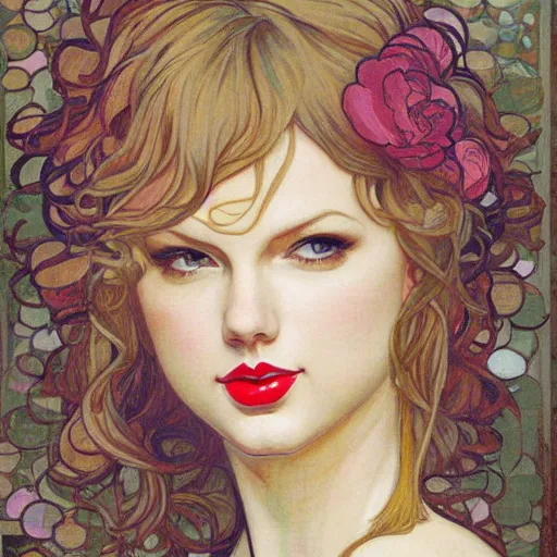 Image similar to romantic painted portrait of taylor swift by james jean, mucha, masterpiece