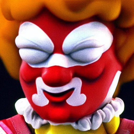 Prompt: image of ronald mcdonald, white face, red afro, red nose and yellow outfit as an enemy in 9 0's mortal kombat 3 sega genesis video game, upscaled to high resolution