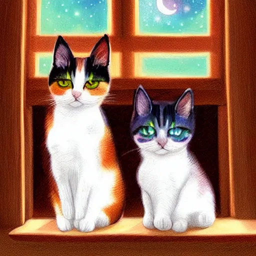 Image similar to two cute multi - colored calico cats with beautiful eyes sleeping inside a cozy home in the evening, stars shining in the night sky through the window,, artstation, cgsociety, storybook art