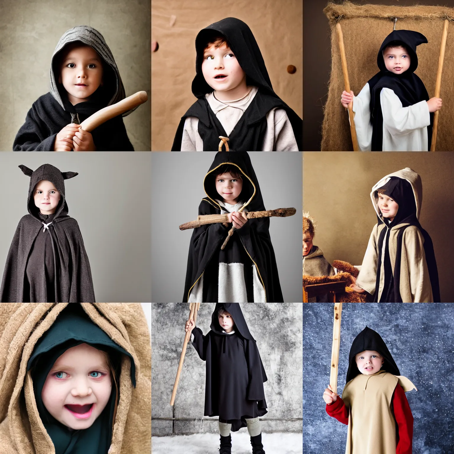 Prompt: single black child dressed as shepherd for a nativity play, hooded cloak, shepherd's crook, photo, indoors, mm, iso, trending