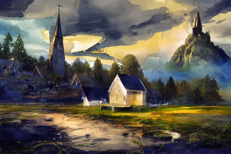 Image similar to small centered on watercolor paper, paint brush strokes, abstract watercolor painting of traditional scandinavian wooden church with tower, viking dragon decor, translucent leaves, cinematic light, national romanticism by hans dahl, by jesper ejsing, by anders zorn, by greg rutkowski, by greg manchess, by tyler edlin