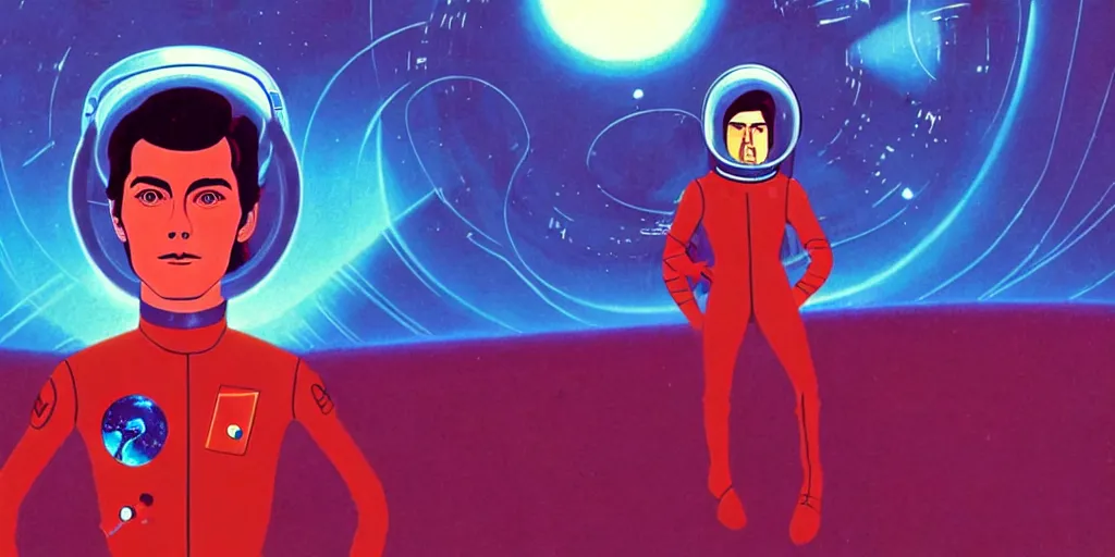 Image similar to a portrait of lonely single Alain Delon alone pilot in spacesuit posing in symmetrical spaceship station planet captain bridge outer worlds hyper contrast in FANTASTIC PLANET La planète sauvage animation by René Laloux