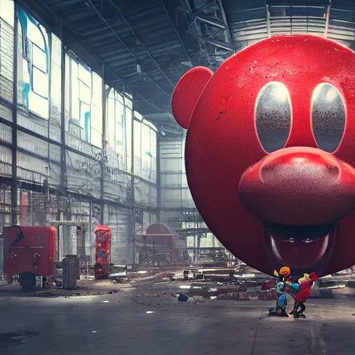 Image similar to a giant mickey mouse head, factory floor, surrounded by factory workers, octane render, cgstation, 3 d render, very detailed, mindblowing, blood and guts, gritty, cyberpunk, cinematic, hyper realism