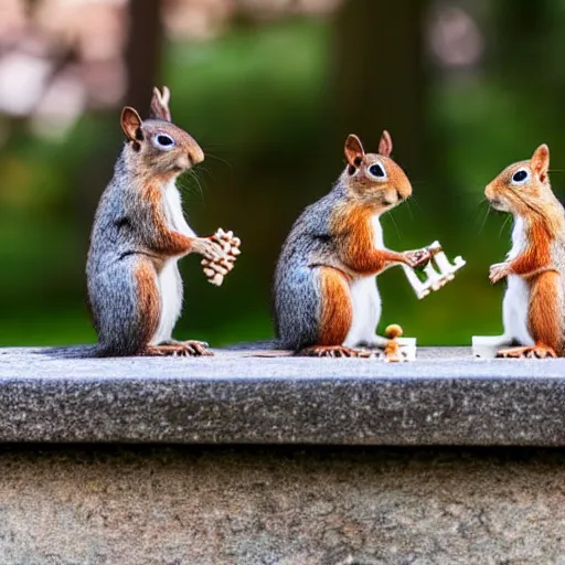 Image similar to squirrels playing chess on a stone table, a crowd watching on