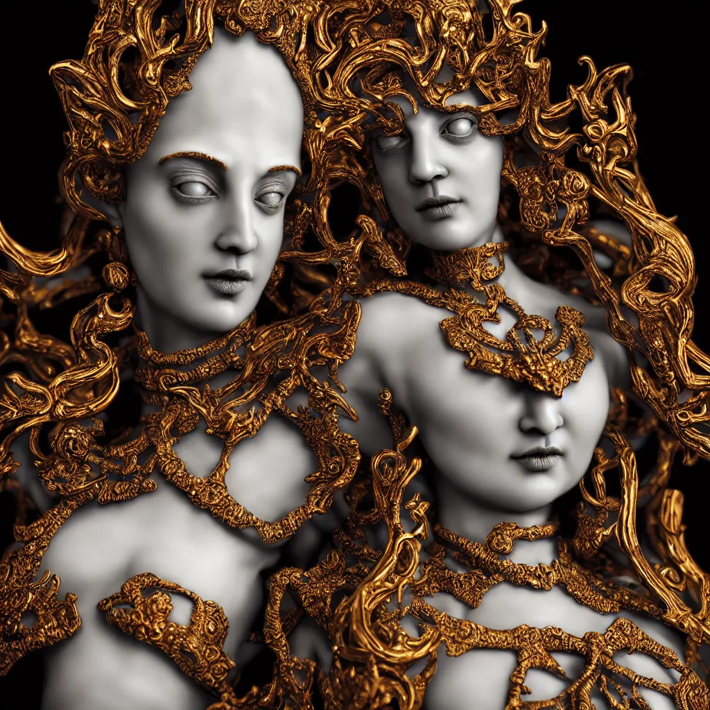 Prompt: a single close up photo - real delicate ceramic porcelain sculpture of an ornate majestic dark necromancer queen by rafael, detailed in front of an intricate background by mondrian, backlit lighting, subsurface scattering, translucent, thin porcelain, octane renderer, colorful, physically based rendering,