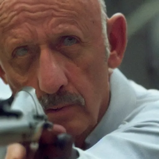 Image similar to Film still of Mike Ehrmantraut aiming with a !!!!!sniper rifle!!!!!, 4k, !!!!highly detailed!!!!