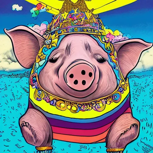 Image similar to trippy comic art of a pig wearing a gold crown sleeping on a rainbow in the sky with white clouds, drawn by Martin Rowson, Tim Burton, Studio Ghibli, Alex Pardee, Nekro Petros Afshar, James McDermott, colors by lisa frank, unstirred paint, vivid color, cgsociety 4K