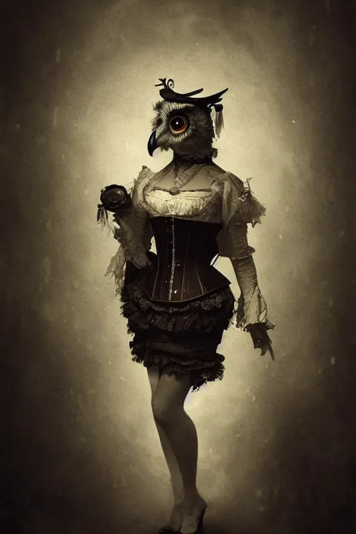 Prompt: wet plate photograph of an anthropomorphic owl dressed in a victorian - era corset dress, dramatic lighting, highly detailed, digital painting, artstation, concept art, smooth, sharp focus, illustration, art by wlop, mars ravelo and greg rutkowski