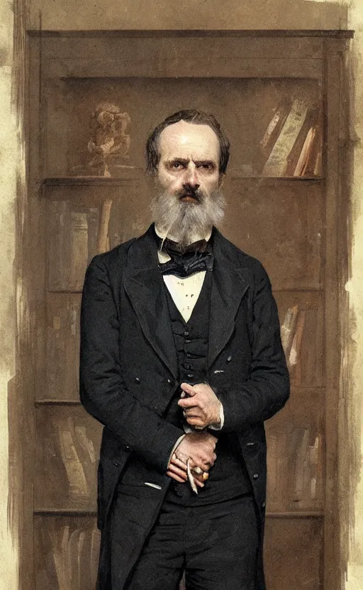 Prompt: portrait of a middle aged victorian gentleman wearing a dark suit, standing beside a bookcase, detailed face, 1 9 th century, highly detailed, cinematic lighting, digital art painting by greg rutkowski
